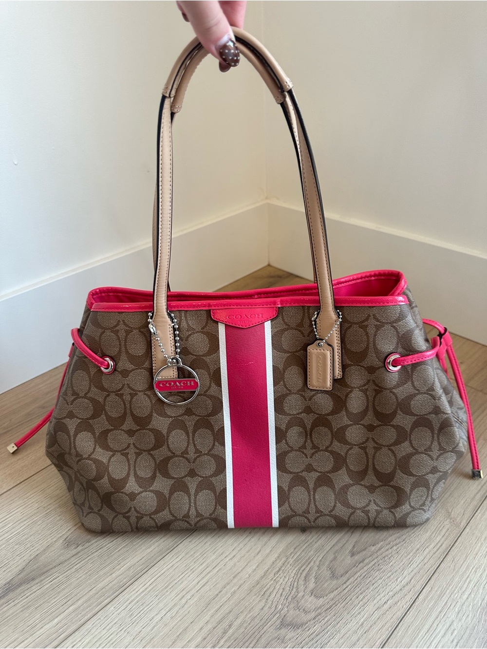 Coach Signature Brown & Hot Pink Stripe Large Tote Shoulder Bag Y2K